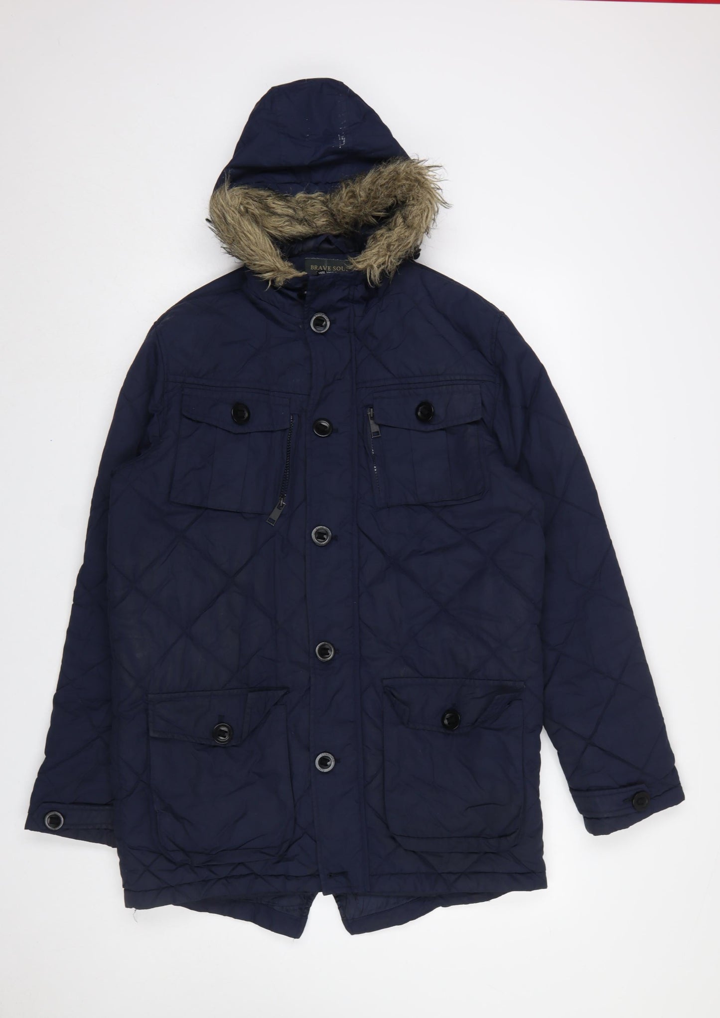 Brave Soul Men's Blue Quilted Hooded Parka Coat Size M