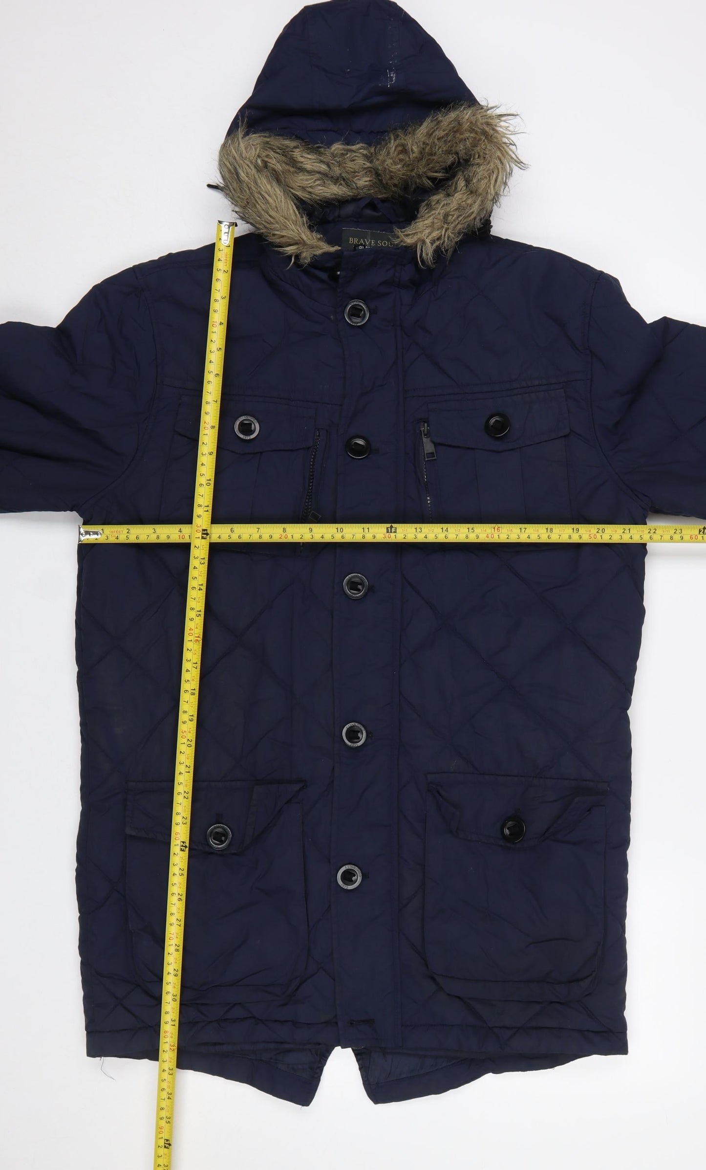 Brave Soul Men's Blue Quilted Hooded Parka Coat Size M