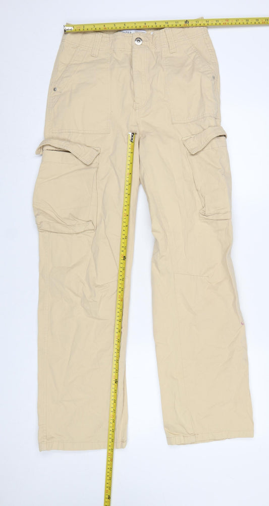 Bershka Womens Beige Cargo Trousers Size 8 Cotton Mid Rise
