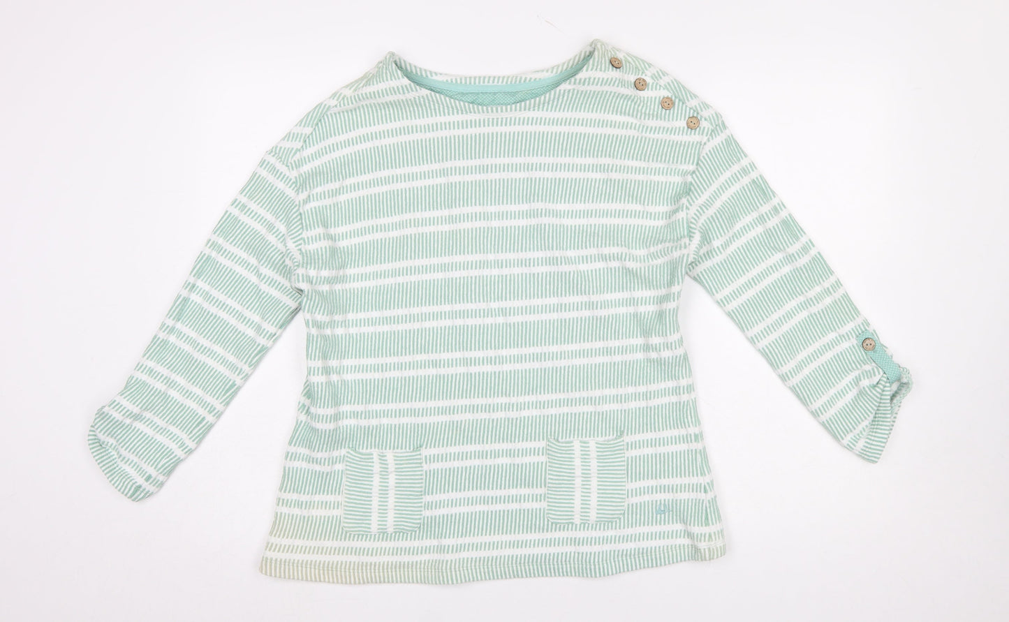 Mantaray Women’s Green Striped Long Sleeve Cotton Blend Top Size 14