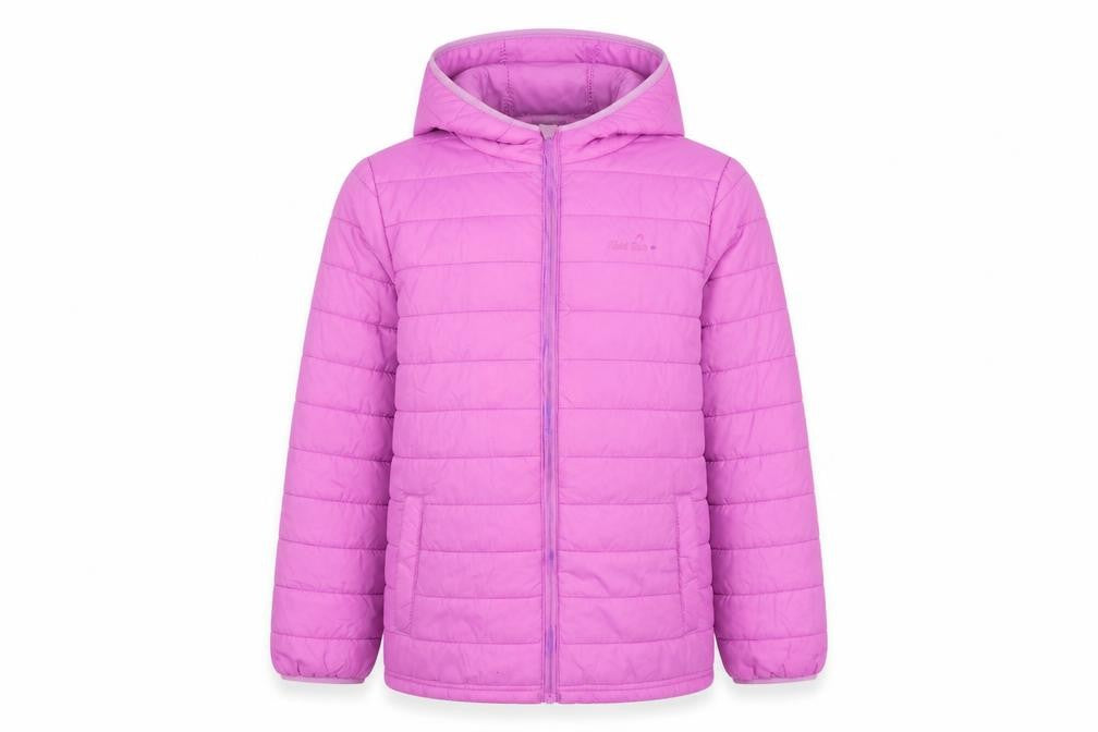 Front view of Peter Storm girls’ pink hooded puffer jacket 11-12 years winter full zip