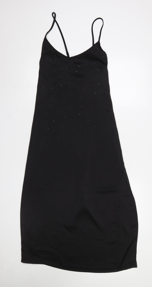 F&F Women’s Black Slip Dress UK 8-10 Swarovski Crystal Embellished Midi