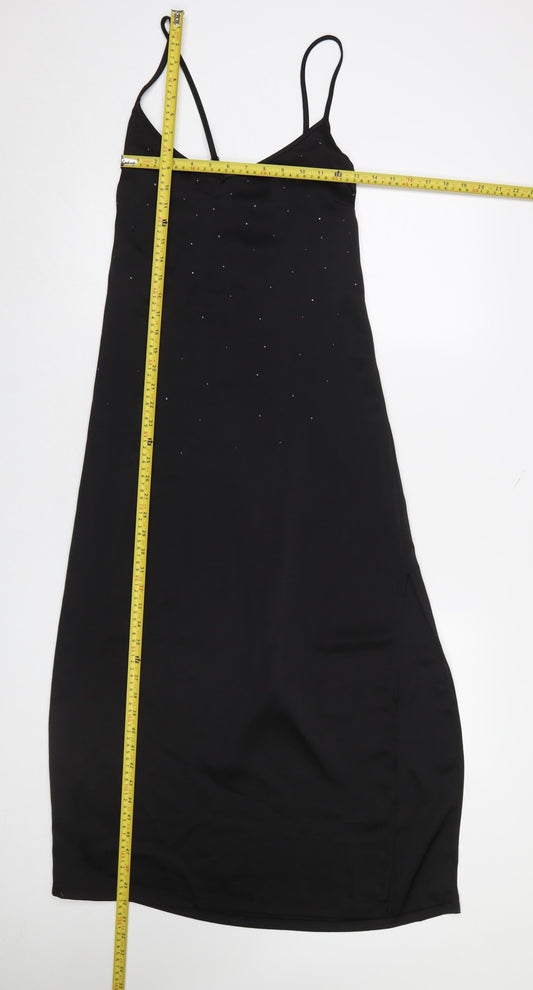 F&F Women’s Black Slip Dress UK 8-10 Swarovski Crystal Embellished Midi