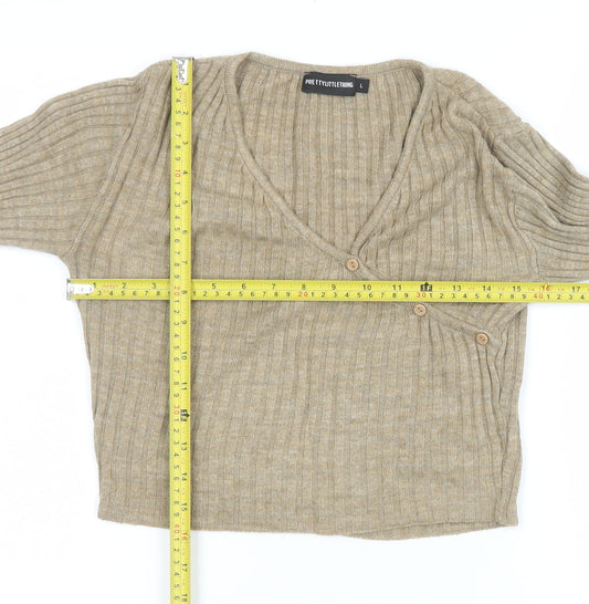 PrettyLittleThing Women’s Beige Ribbed Cropped Button Knit Top Size L