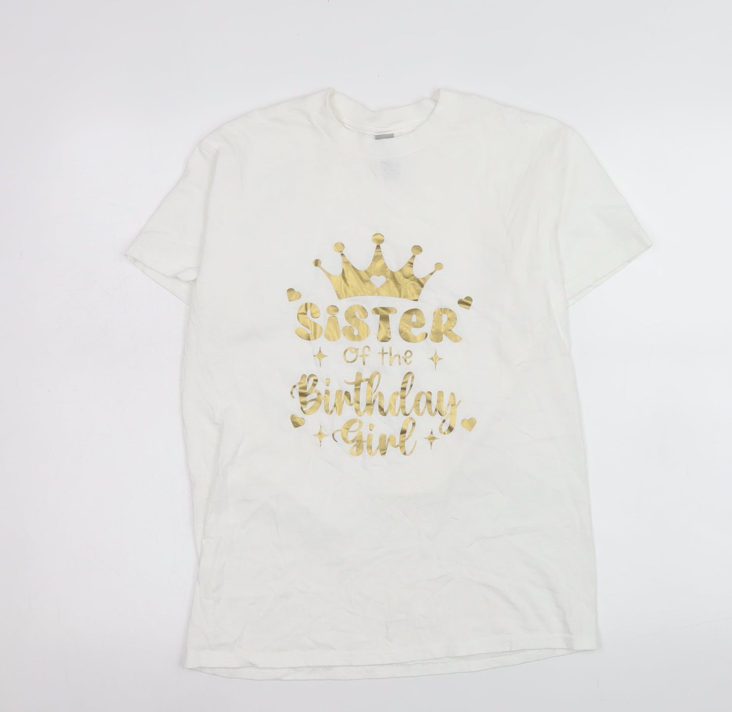 Gildan Womens White Birthday Sister Graphic T-Shirt Size S