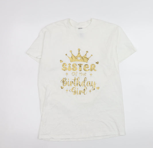Gildan Womens White Birthday Sister Graphic T-Shirt Size S