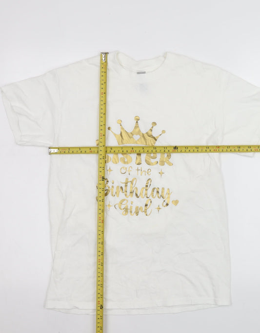 Gildan Womens White Birthday Sister Graphic T-Shirt Size S