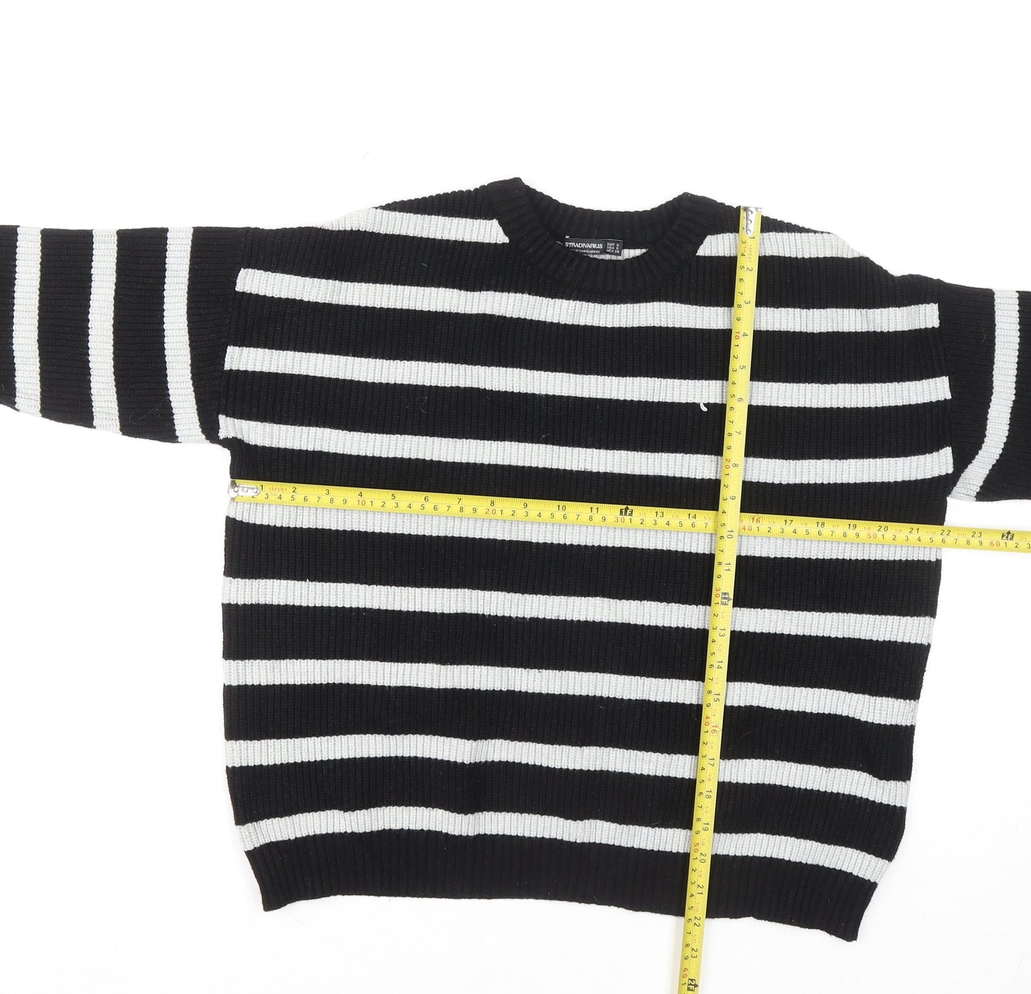 Stradivarius Women Black & White Striped Knit Jumper Size S