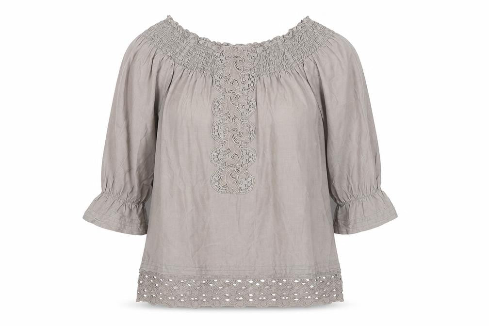 Warehouse Womens Beige 3/4 Sleeve Off Shoulder Cotton Silk Bohemian Blouse Size 8