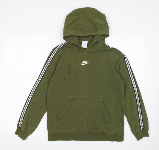 Nike Boys Green Pullover Hoodie Logo Tape Trim L 13-14 Years Fleece