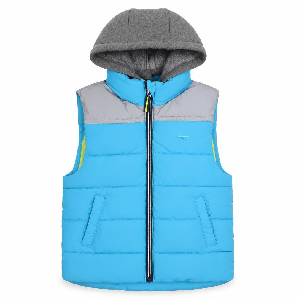 Front view of Debenhams boys’ blue hooded padded bodywarmer gilet 4-5 years polyester