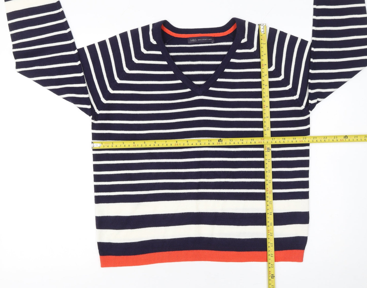 Marks and Spencer Women’s Blue Striped Acrylic V-Neck Jumper Size 14