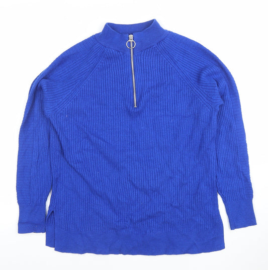 Marks and Spencer Women Blue Mock Neck Half Zip Ribbed Jumper Size M