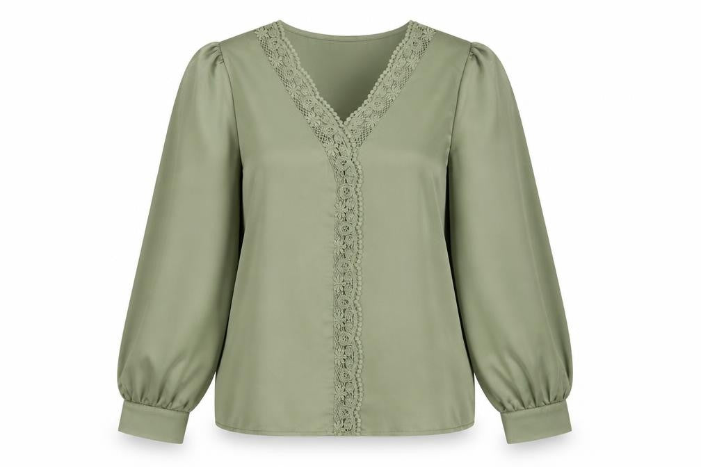 Vila Women’s Green Long Sleeve V-Neck Lace Trim Blouse Size 10