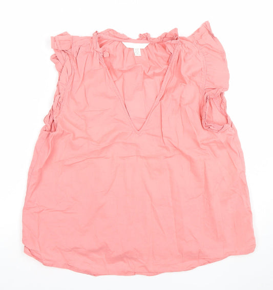 H&M Womens Pink 2XS Ruffle V-Neck Sleeveless Cotton Blouse