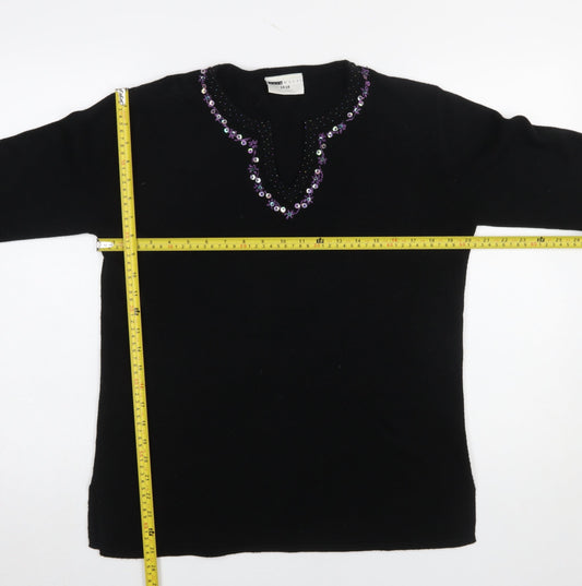 Said Woman Black Beaded V-Neck Acrylic Jumper Size 14-16