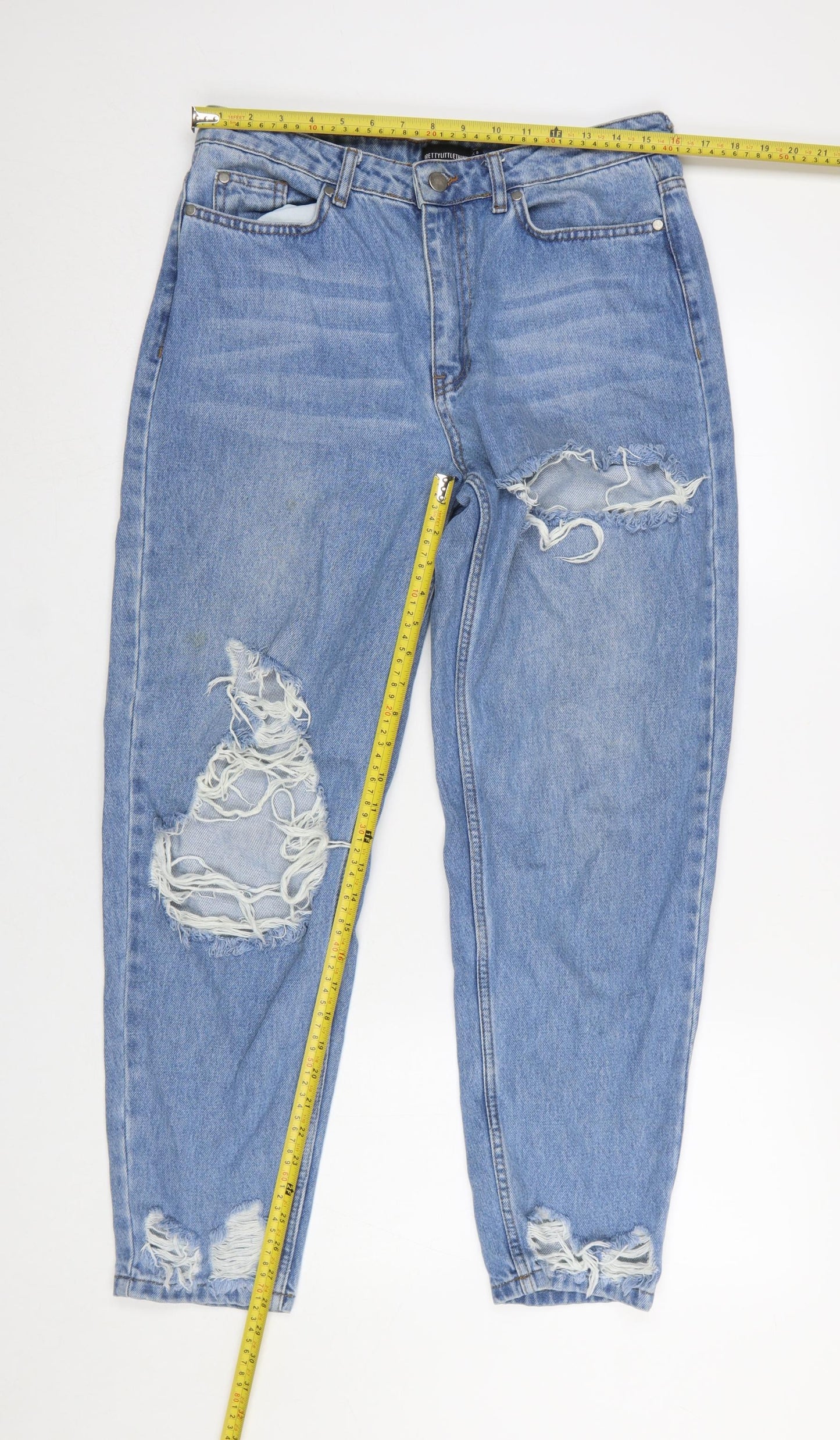 PrettyLittleThing Women's Blue Distressed Mom Jeans Size 8