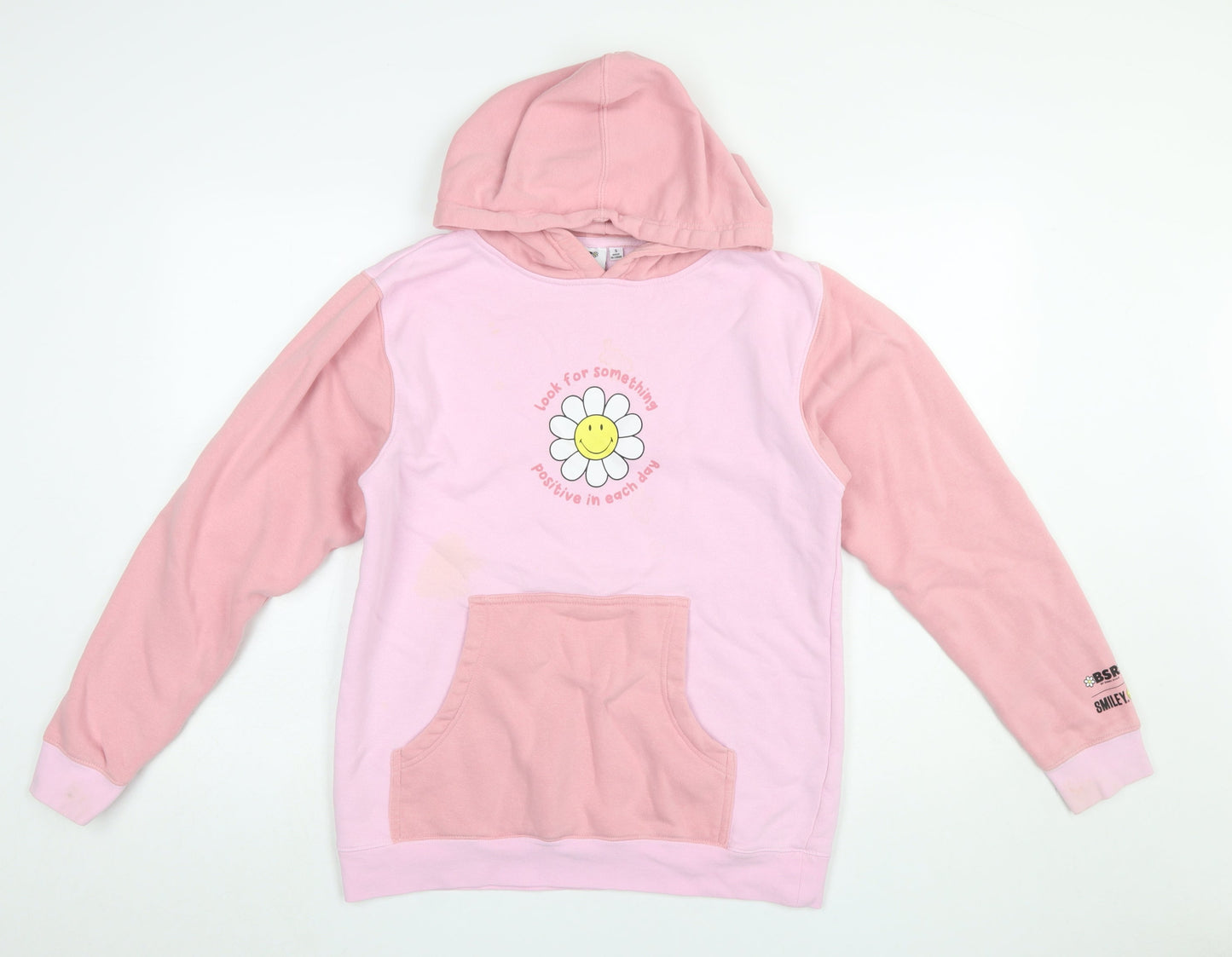 BSR Smiley Pink Colourblock Hoodie Women's S Graphic Flower Cotton Blend