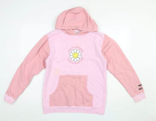 BSR Smiley Pink Colourblock Hoodie Women's S Graphic Flower Cotton Blend