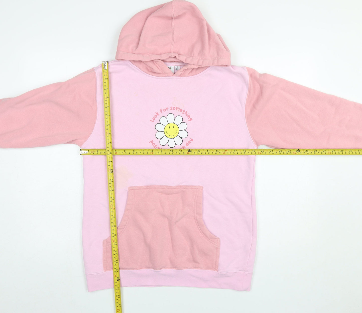BSR Smiley Pink Colourblock Hoodie Women's S Graphic Flower Cotton Blend