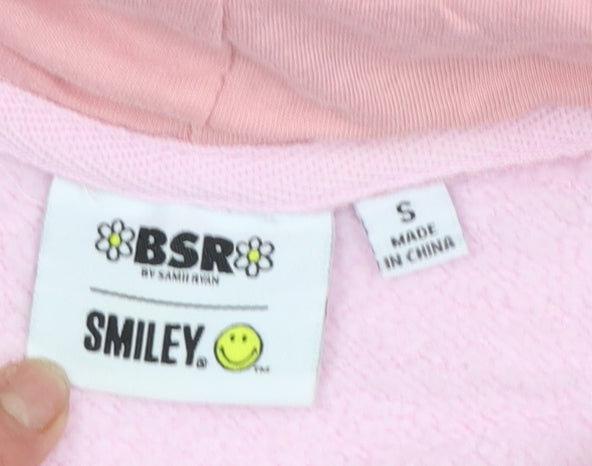 BSR Smiley Pink Colourblock Hoodie Women's S Graphic Flower Cotton Blend