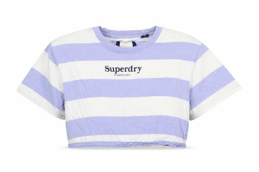 Superdry Women’s Lilac White Cropped Striped Cotton T-Shirt UK 8