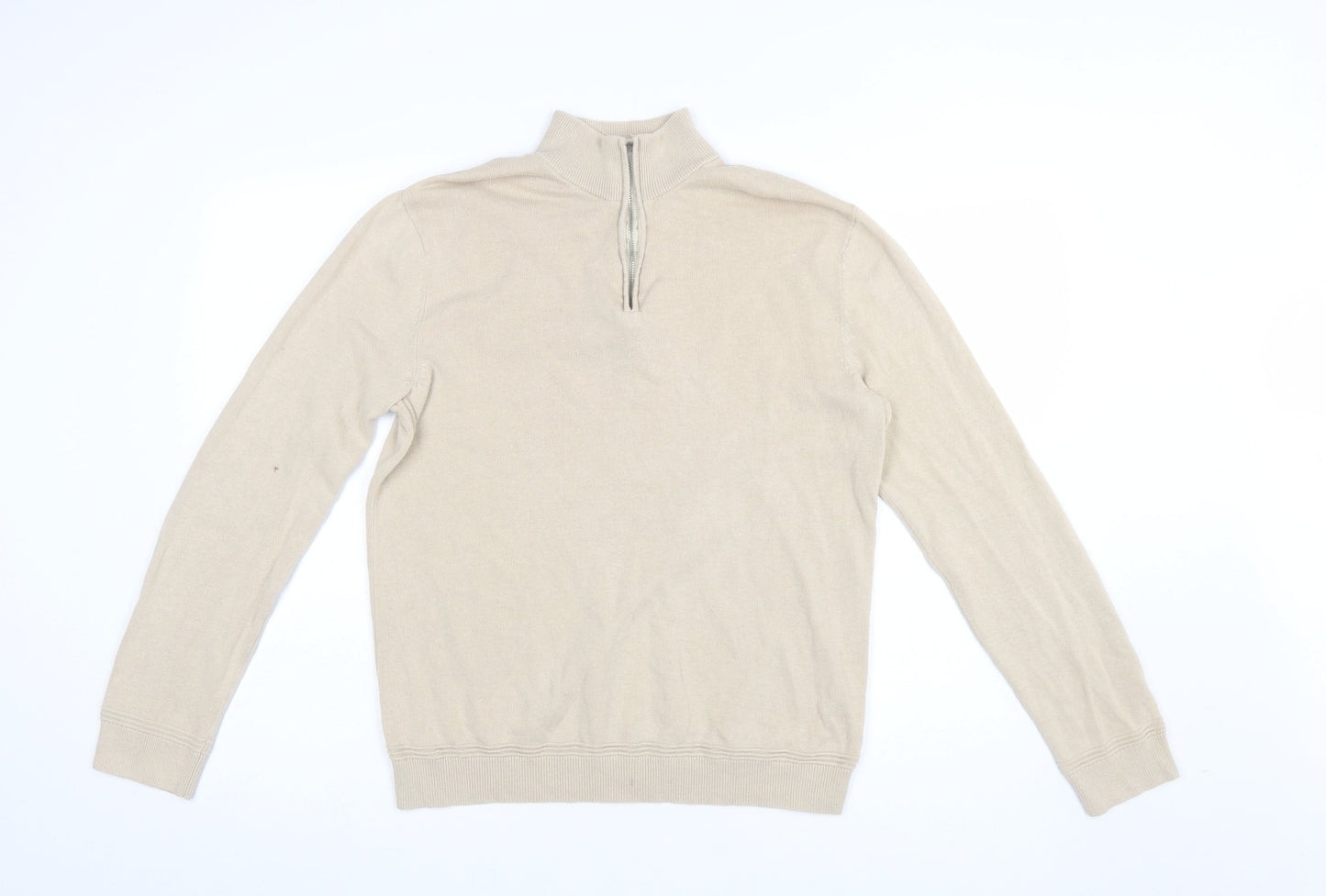 Topman Men Beige 1/4 Zip High Neck Cotton Jumper M