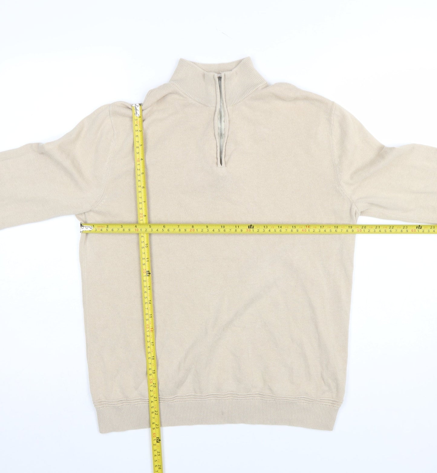Topman Men Beige 1/4 Zip High Neck Cotton Jumper M