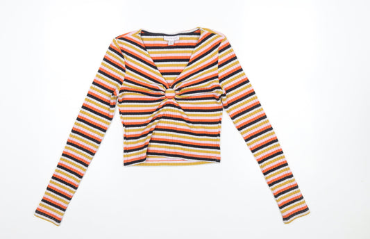 Topshop Women's Multicoloured Striped Cropped Long Sleeve T-Shirt UK 10
