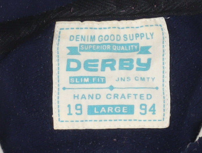 Derby Men's Blue Slim Fit Pullover Hoodie Size L Graphic Print