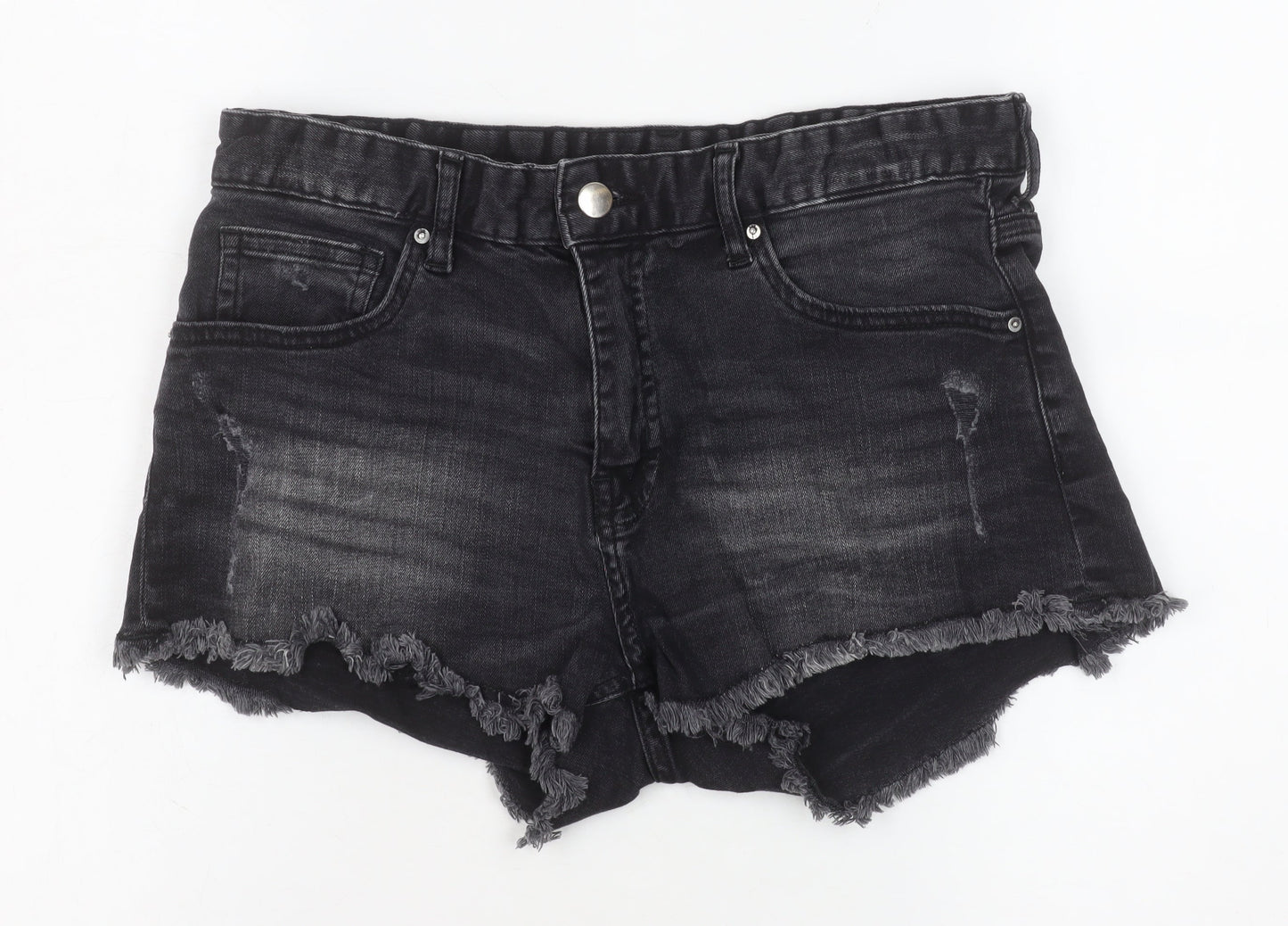H&M Women's Black Denim Hot Pants Shorts Size 8 Slim Fit Frayed Hem
