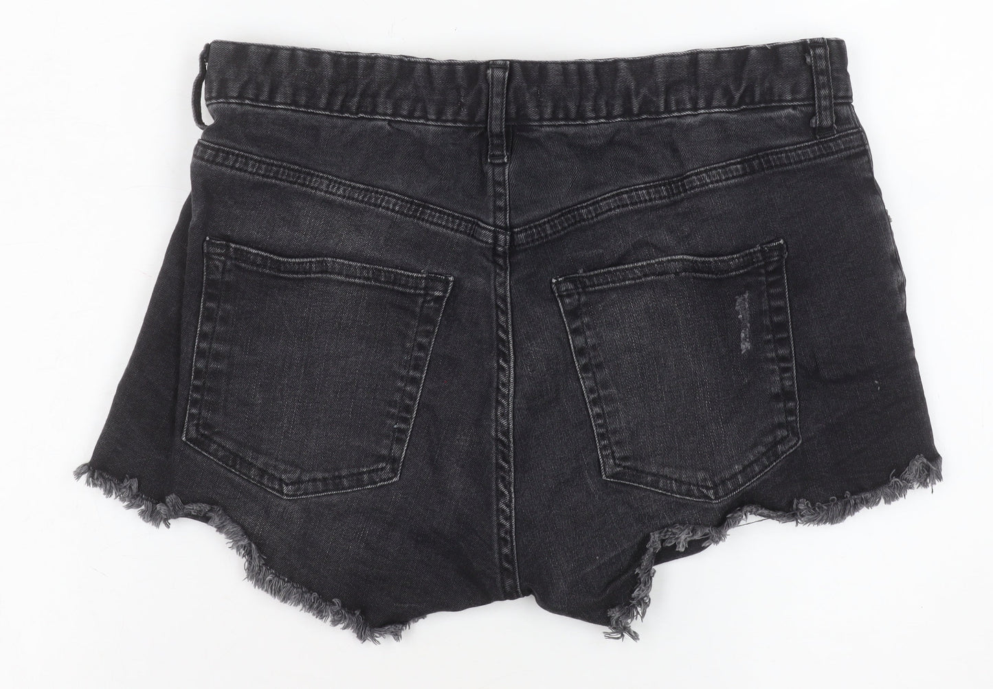 H&M Women's Black Denim Hot Pants Shorts Size 8 Slim Fit Frayed Hem