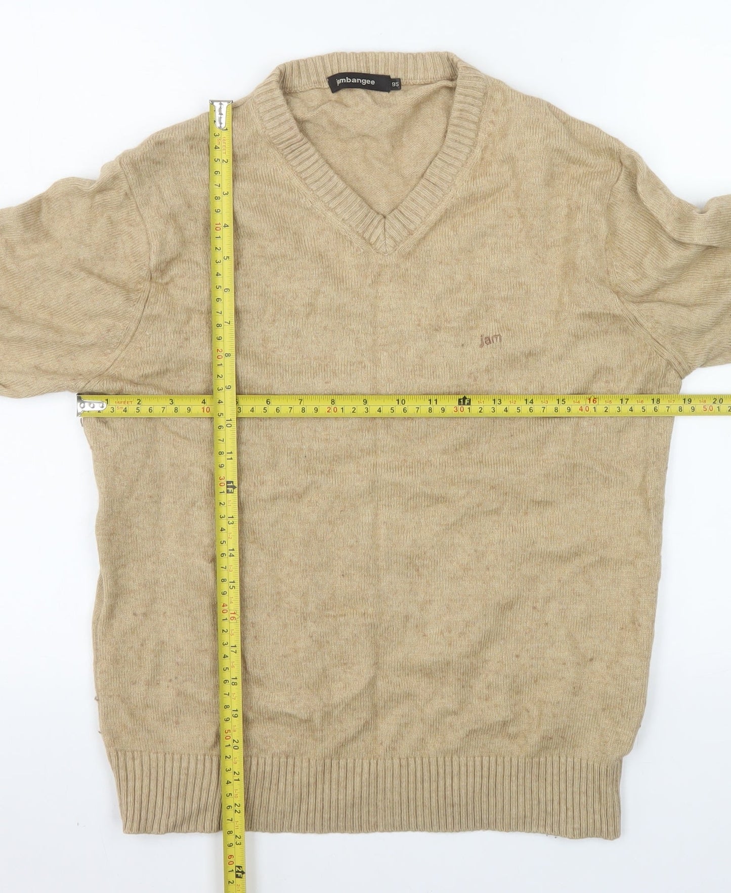 Jambangee Men’s Beige V-Neck Wool Cashmere Blend Jumper M