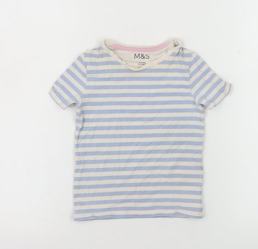 Marks and Spencer Girls Blue Striped Cotton T-Shirt 2-3 Years