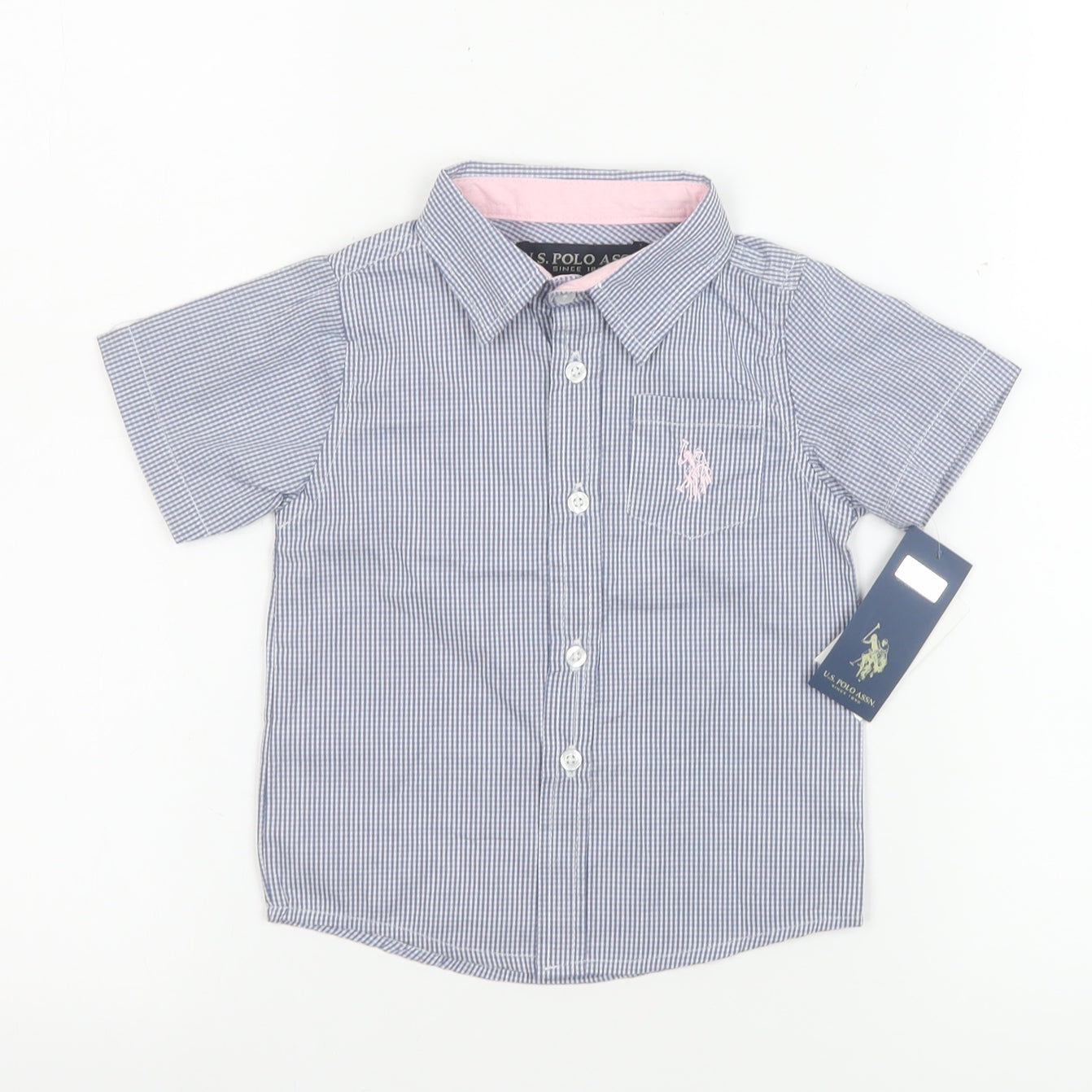 U.S. Polo Assn. Boys Blue Check Short Sleeve Button-Up Shirt 18-24 Months