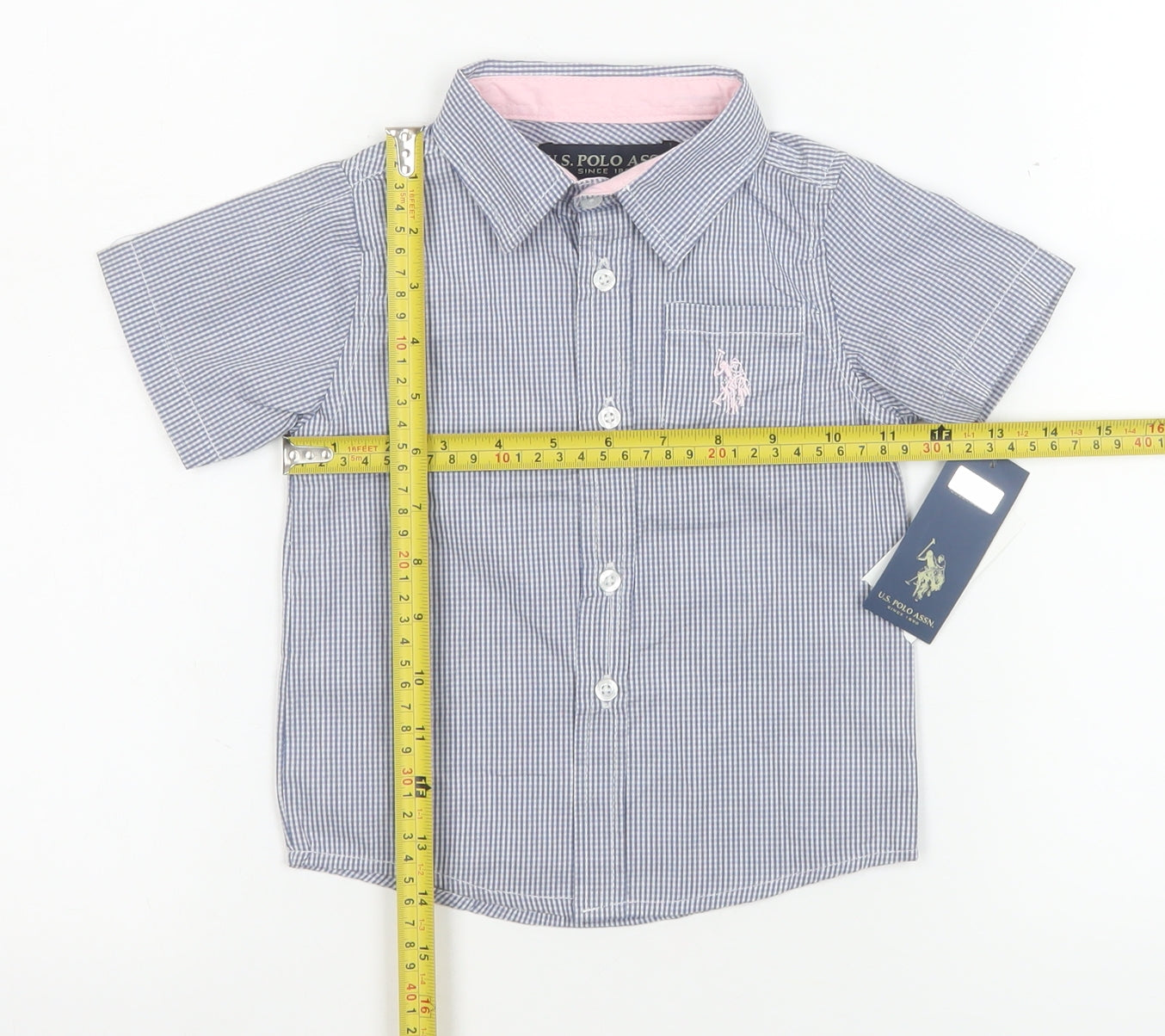 U.S. Polo Assn. Boys Blue Check Short Sleeve Button-Up Shirt 18-24 Months