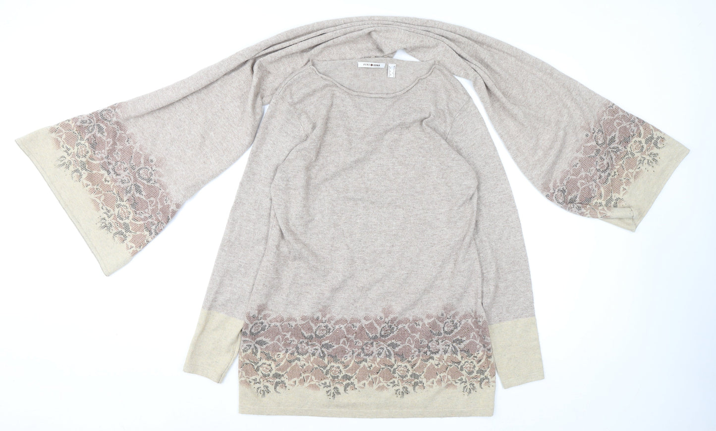 Punt Roma Womens Beige Floral Knit Bell Sleeve Pullover Jumper Size S