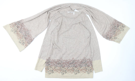 Punt Roma Womens Beige Floral Knit Bell Sleeve Pullover Jumper Size S