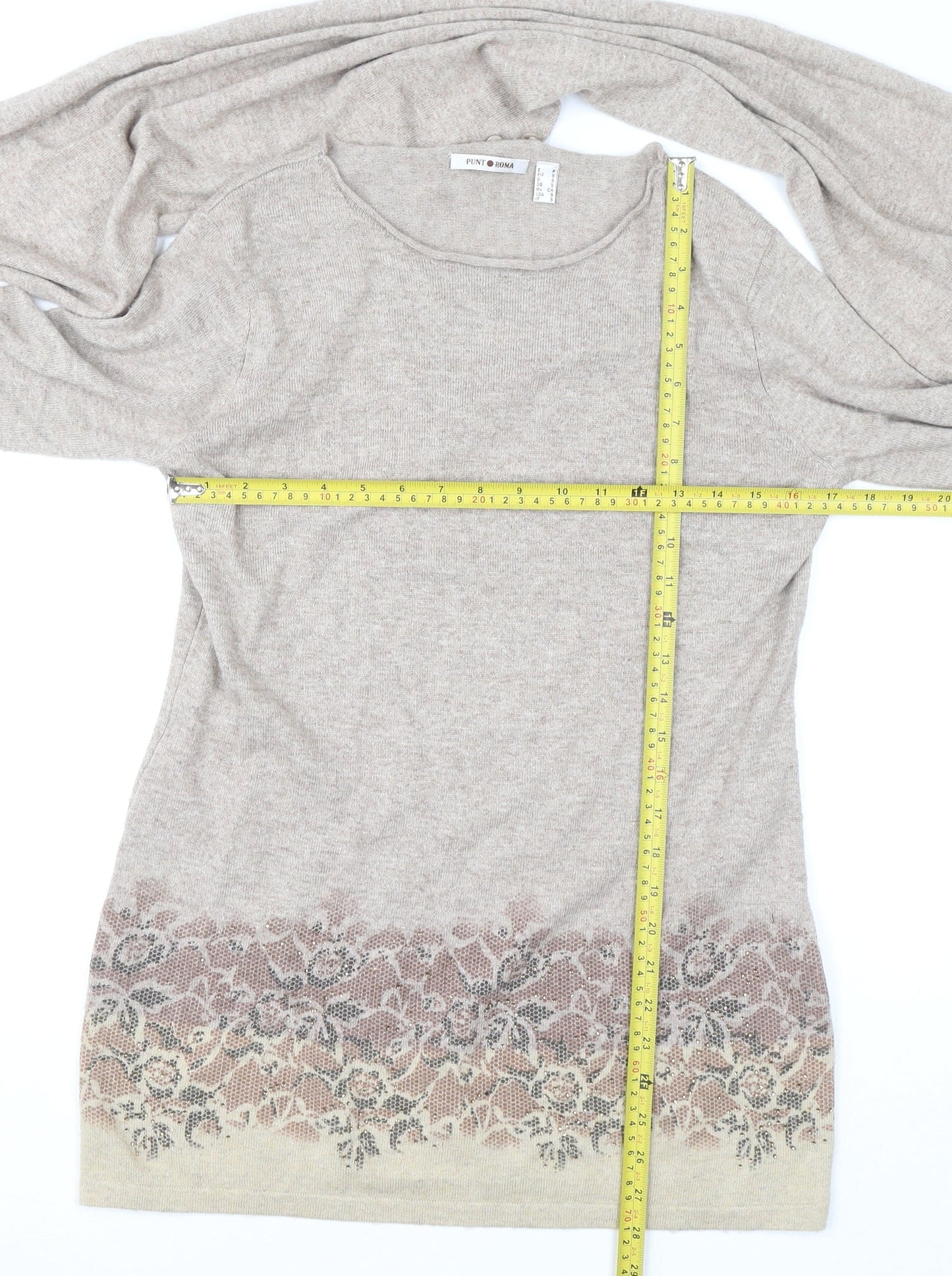 Punt Roma Womens Beige Floral Knit Bell Sleeve Pullover Jumper Size S