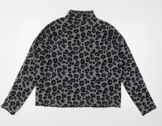 Tahari Womens Grey Leopard Print Mock Neck Jumper XL