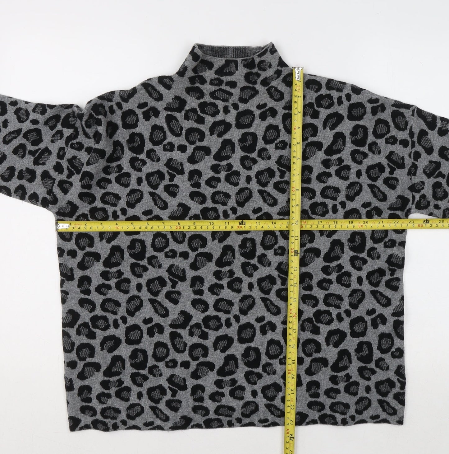 Tahari Womens Grey Leopard Print Mock Neck Jumper XL