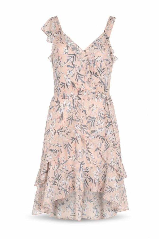 Quiz Women’s Pink Floral Wrap Dress Size 8 Sleeveless Ruffle Short