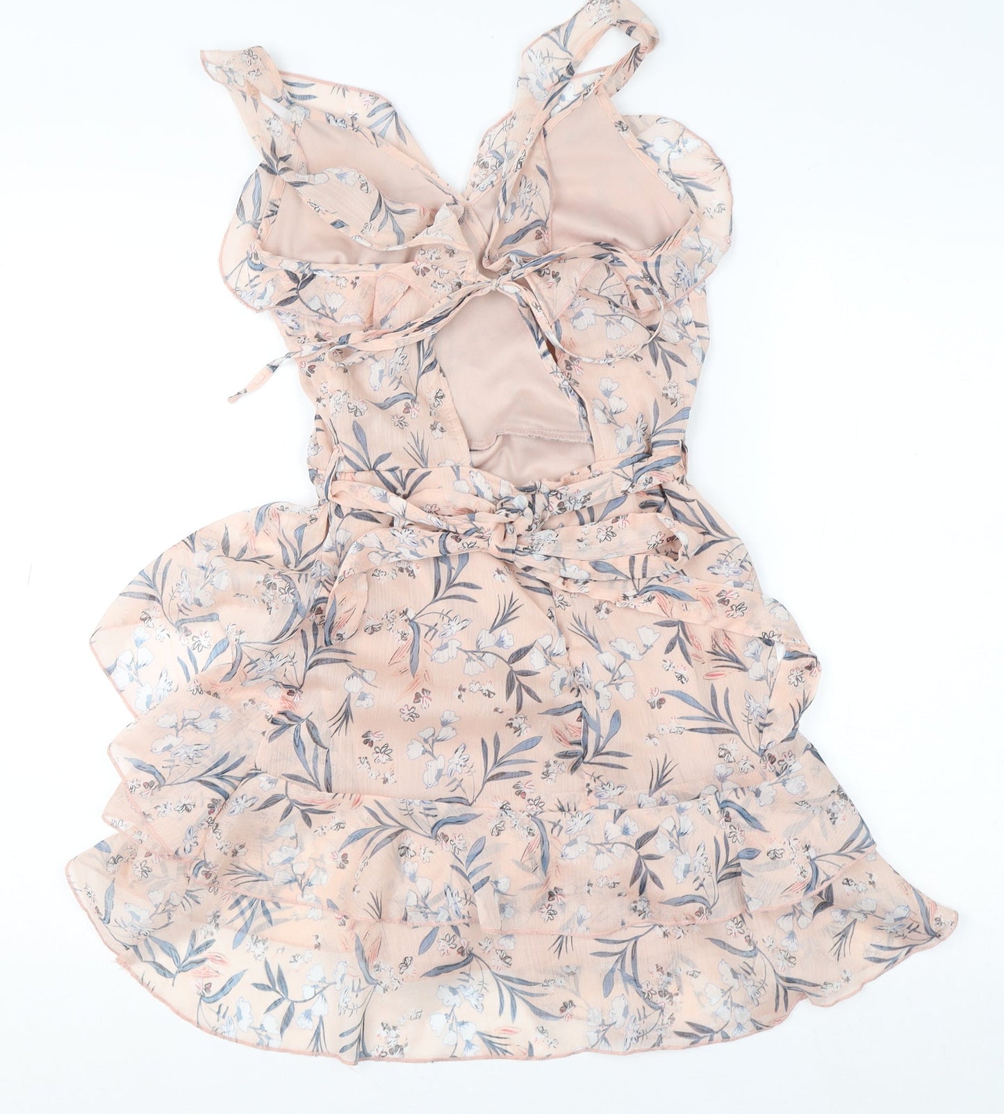 Quiz Women’s Pink Floral Wrap Dress Size 8 Sleeveless Ruffle Short