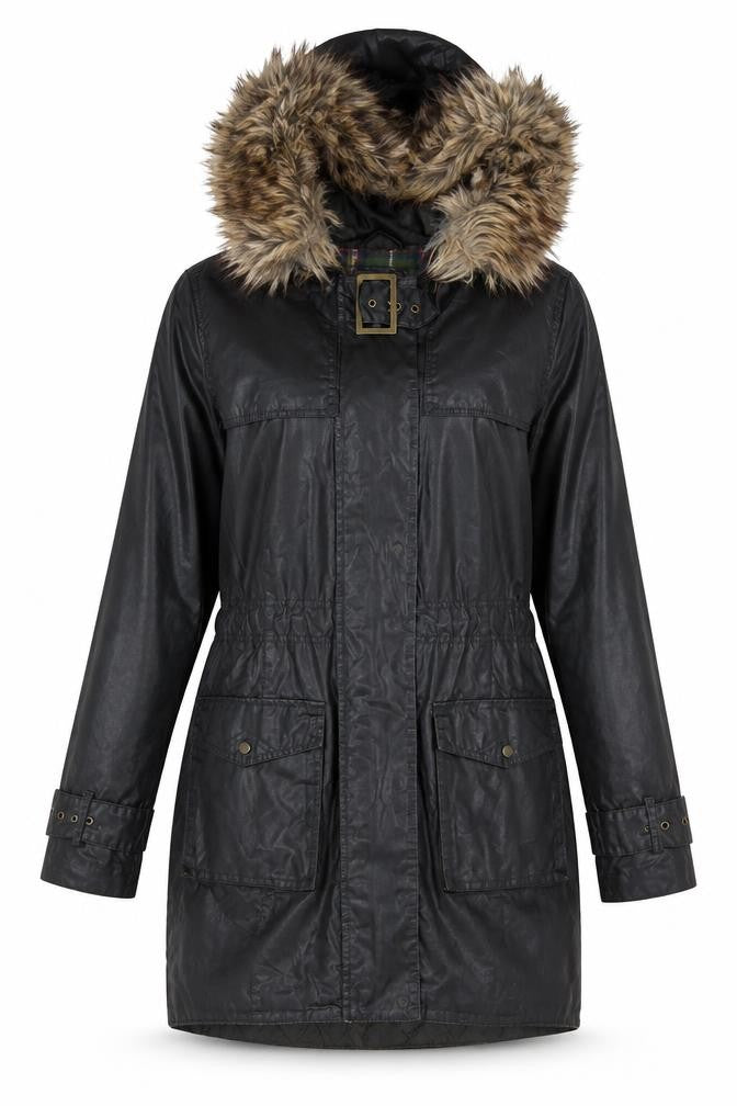 River Island Womens Black Long Parka Coat Faux Fur Hood Size 8