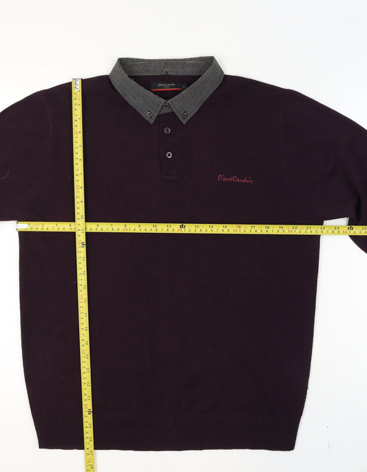 Pierre Cardin Men's Purple Collared Henley Jumper Size L
