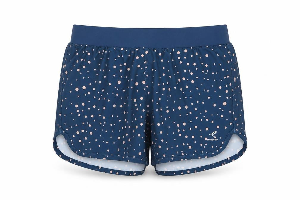 Front view of Energetics girls’ blue polka dot athletic running shorts 10 years