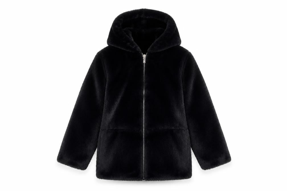 Front view of Dunnes girls’ black faux fur hooded zip coat 7-8 years
