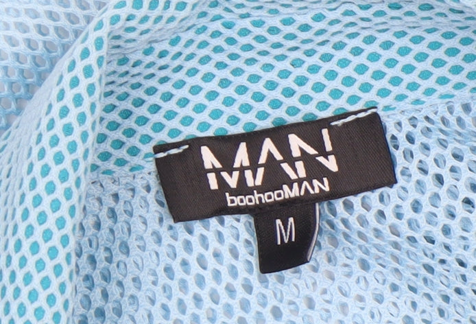 boohooMAN Men's Blue Mesh Button-Up 3/4 Sleeve Casual Shirt M