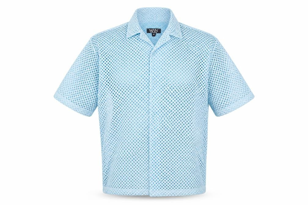 Front view of boohooMAN Men's Blue Mesh Button-Up 3/4 Sleeve Casual Shirt M