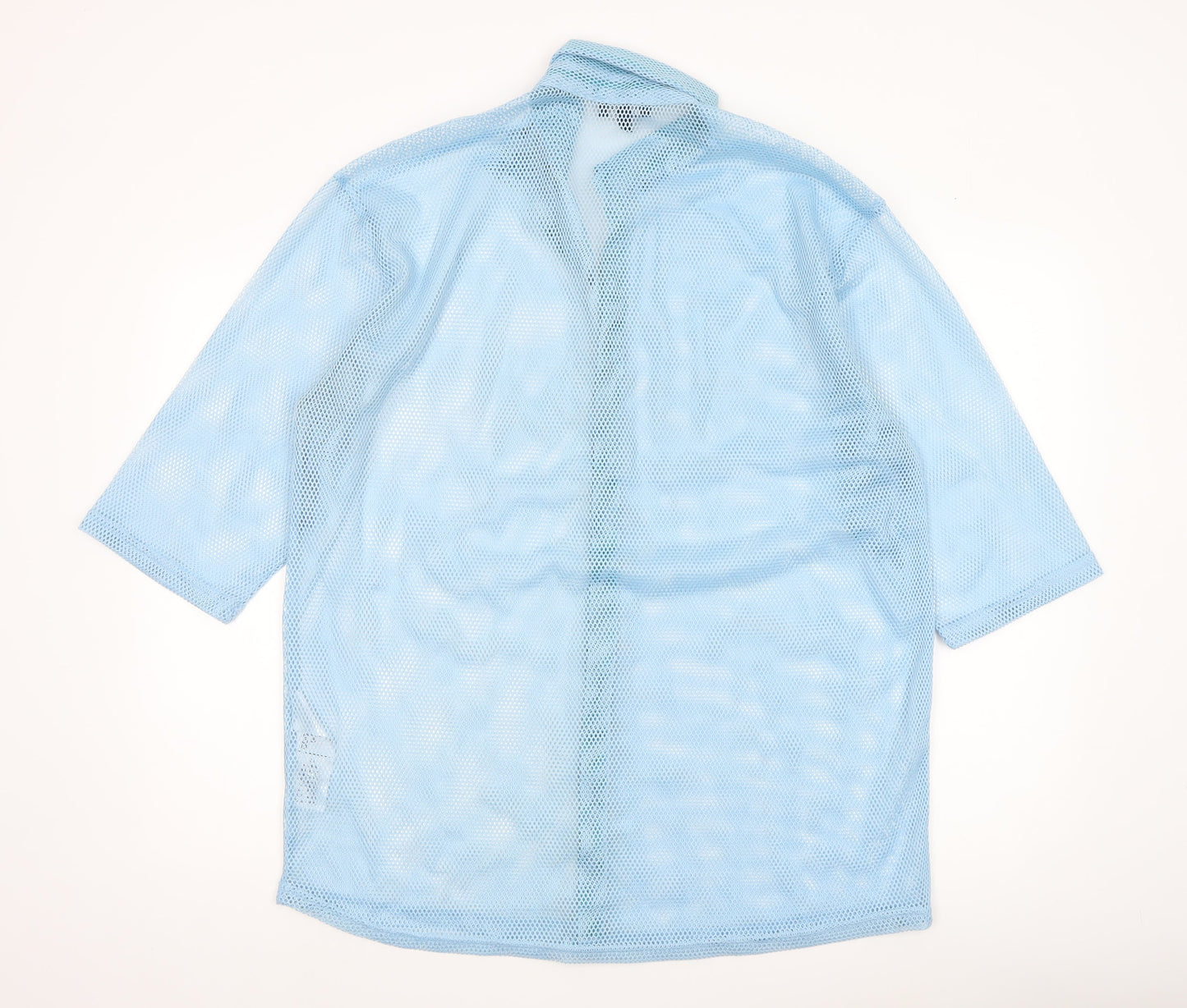boohooMAN Men's Blue Mesh Button-Up 3/4 Sleeve Casual Shirt M